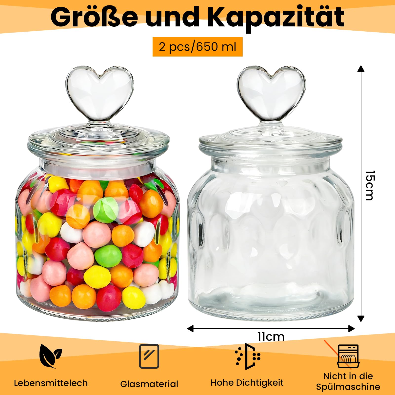 2 Stück Bonbonglas mit Deckel, 650 ml Luftdicht Keksdosen in Herzform, Transparente Vorratsgläser für Hochzeit, Candy Bar, Küche, zur Aufbewahrung von Keksen, Pralinen und Bonbons