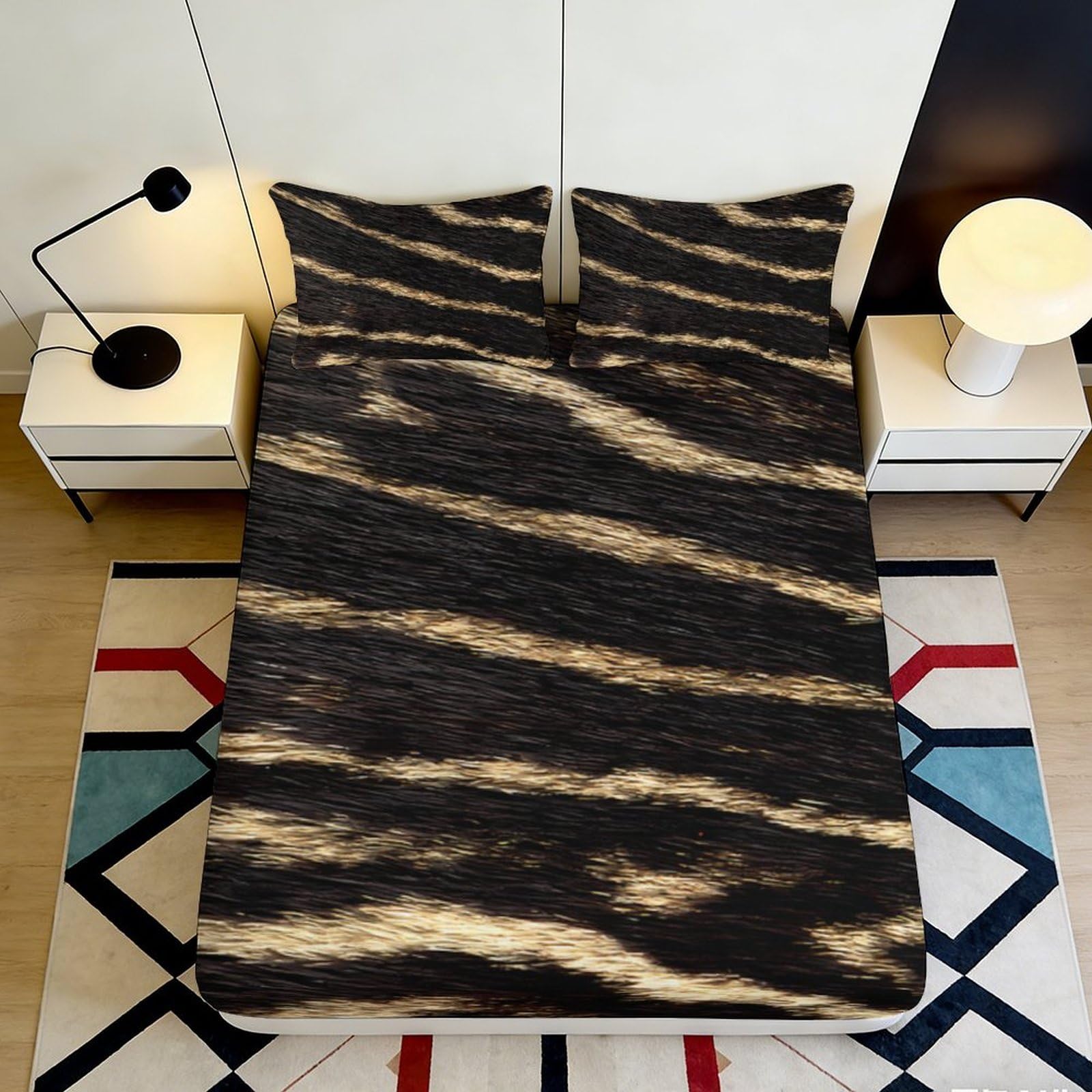 3D Printed Zebra Stripe Fitted Sheet Microfiber Soft Black Gold Tiger Pattern Mattress Cover for Bedroom Decor Dorm 90x200x25cm