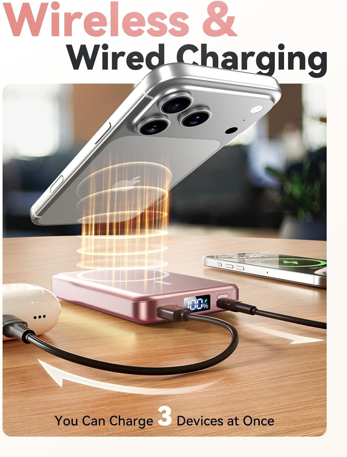 Aobbow Magnetic Portable Charger, 10000mAh for Magsafe Battery Pack, 20W Fast Charging Power Bank, Travel Essential of Wireless Charger Compatible with iPhone 17/16/15/14/13 Pro/Max/Air/Plus-Rosegold