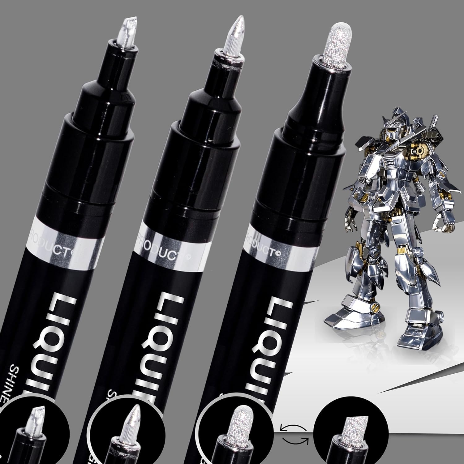 3 marcadores de cromo líquido, bolígrafos cromados permanentes para plástico, metal, pintura de modelos, kit de retoque y reparación, juego de 3 puntas (0.7 mm, 1 mm, 3 mm)