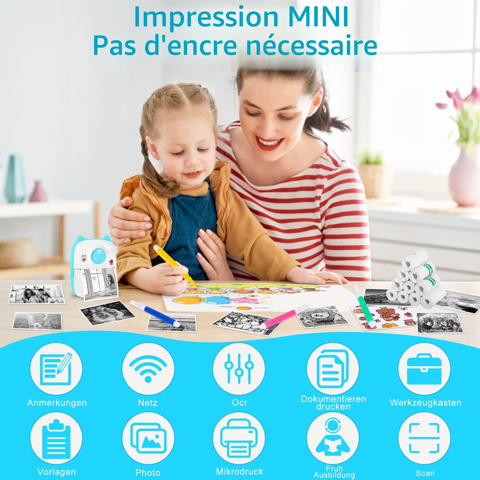 Mini Imprimante - Mini Imprimante Autocollant, Imprimante Photo Portable, Imprimante Thermique, Noir et Blanc Autocollant Maker pour Les étudiants, Cadeau de Noël, pour iOS & Android