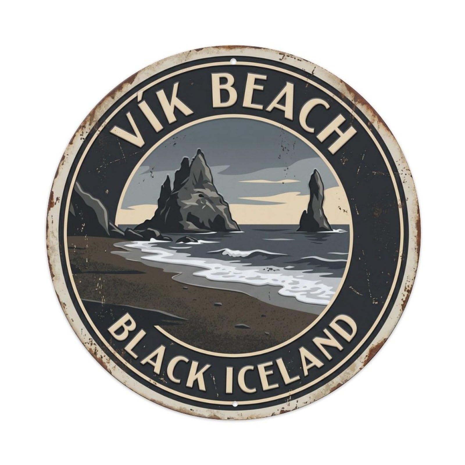 Vik Beach Black Iceland Sand Metal Tin Sign Plaque Wall Decor for Cafe, Club Bar, Office, Home Garden Round Metal Poster 8x8Inch