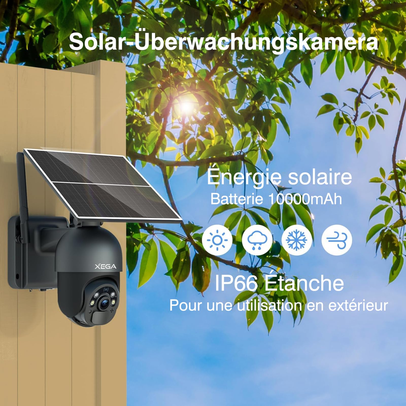 Xega 4G LTE caméra de sécurité extérieure sans Fil à énergie Solaire, inclinable à 355°/95°,2K capteur de Mouvement PIR, Vision Nocturne, Conversation bidirectionnelle, Carte SIM Incluse.