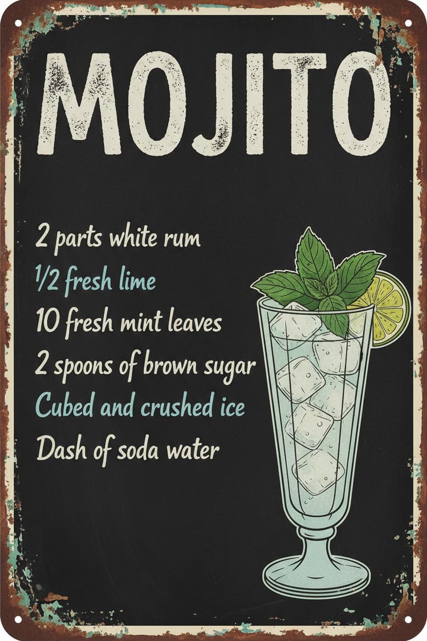 Mojito Cocktail Vintage Metal Tin Sign,retro Metal Sign Printing Poster Bar Restaurant Cafe Wall Decoration Plaque 8x12 Inch Signs Aluminum Plates Printed
