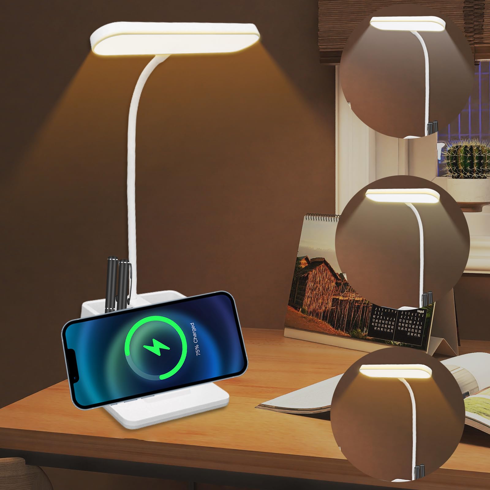 Lámpara de escritorio infantil LED, inalámbrica, lámpara de mesa con soporte para teléfono, regulable en 3 colores, recargable por USB, para cargar el smartphone, agradable al tacto, lámpara de noche