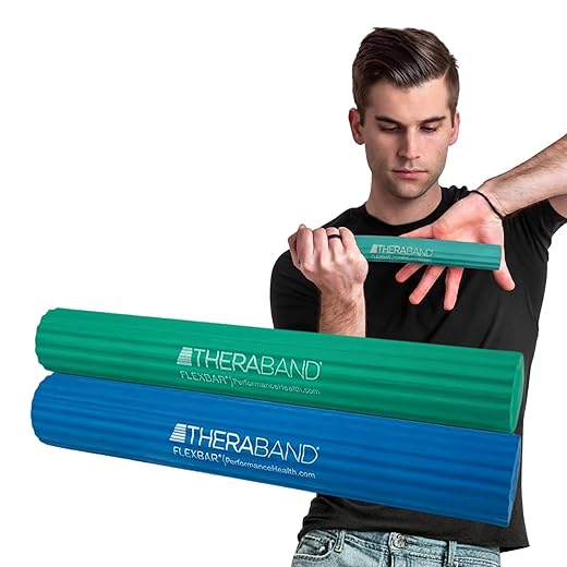 THERABAND FlexBar, Tennis Elbow Therapy Bar, Relieve Tendonitis Pain And Improve Grip Strength, Resistance Bar For Golfers Elbow And Tendinitis, Medium-Heavy, 2- Pack, GREEN / BLUE