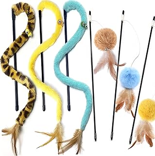AZOFFYIU Cat Toys for Indoor Toys,Rainbow Cat Wand Toys,Feather Flips Plush Ball Cat Toys,Interactive Feather Toy for Teaser Play and Chase Exercise with Kitten 6 Pack (Leopard)