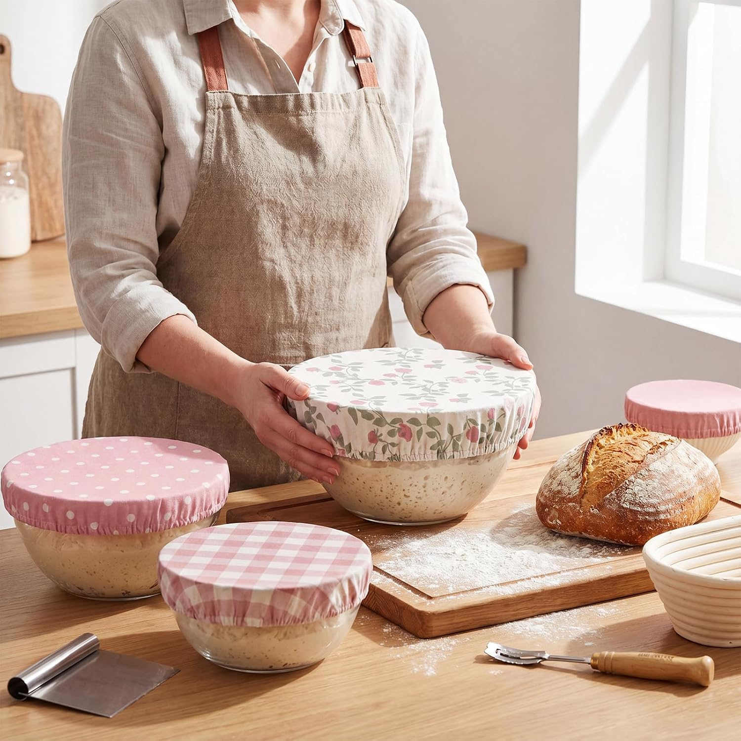 Mumufy 4 Pcs Bowl Covers for Bread Proofing, Pink