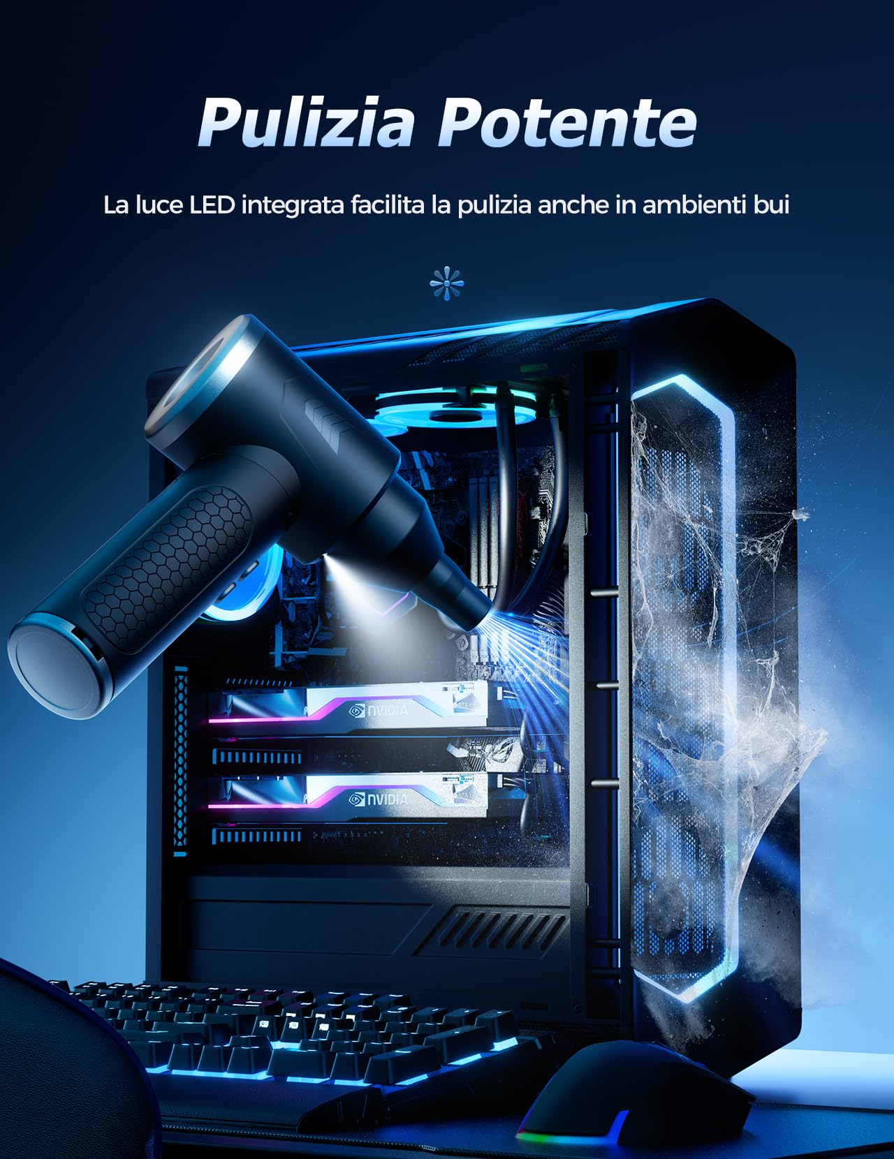 Aria Compressa Elettrico 3 Velocità con Luce LED, 100.000 Giri/Min, Batteria 9000 mAh, Kit Pulizia PC