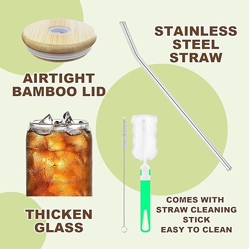 Miniatura 3 de 6Pack Glass Cups Can Beer Shaped Drinking Glasses with Bamboo LidsStainless Steel Straws and Cup Holder Set 16 OZ Iced Coffee Sake Glasses Cup for