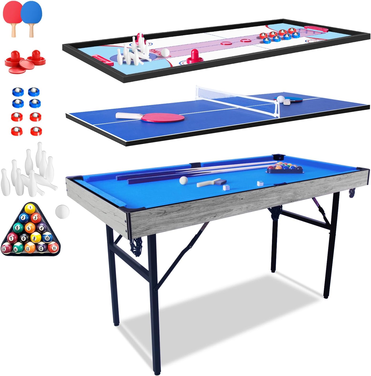 54" Upgrade Multi Game Table,5 in 1 Folding Portabel Games with Accessories,Ping Pong,Pool Billiard,Shuffleboard,Bowling,Hockey Combo Game Set for Indoor and Outdoor Family Game Table