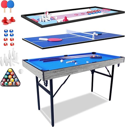 Mesa de juego múltiple mejorada de 54 pulgadas, juegos de arcade deportivos plegables 5 en 1 con accesorios, ping pong, billar en la piscina, tejo,