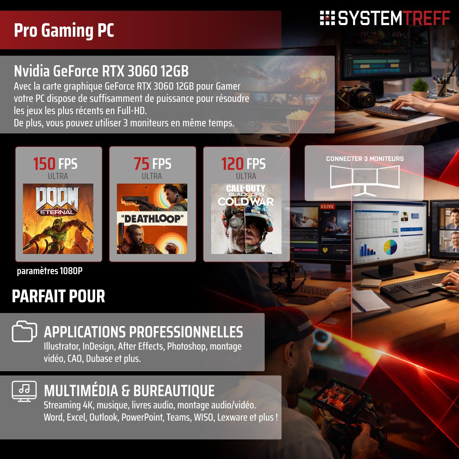 SYSTEMTREFF PC Gamer Basique Complet Set - Intel Core i3-14100 - RTX 3060