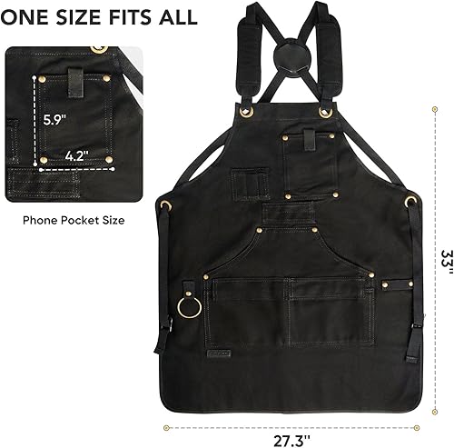 Miniatura 7 de Delantal de carpintería, regalos para hombres, delantales de trabajo de lona con 9 bolsillos para herramientas, delantal para carpinteros, negro