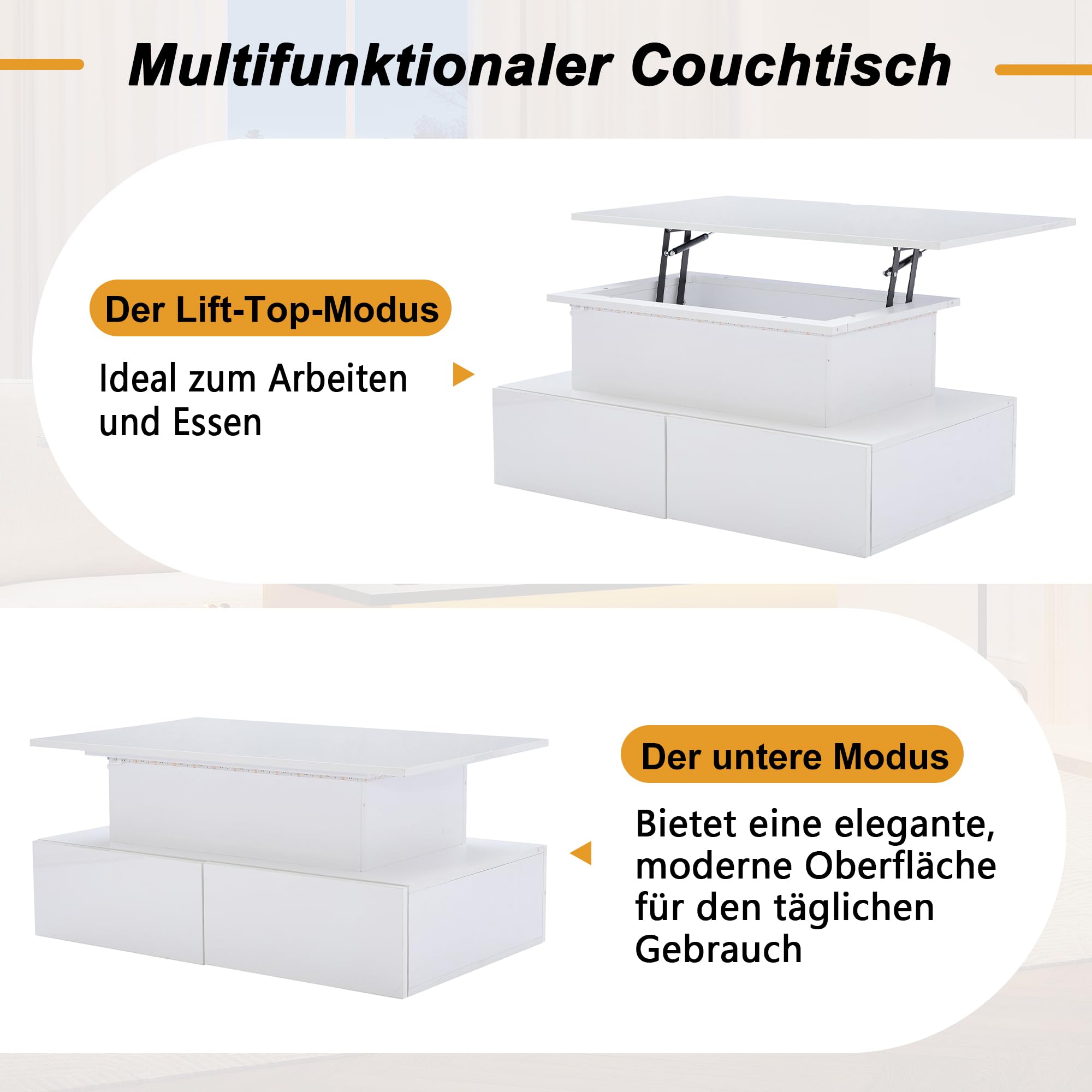 Merax Couchtisch mit Höhenverstellbarer Platte, Moderner Hochglanz Wohnzimmertisch mit LED, Sofatisch Kaffeetisch mit 4 Schubladen, Versteckter Stauraum, Rechteckig Mitteltisch Beistelltisch, Weiß