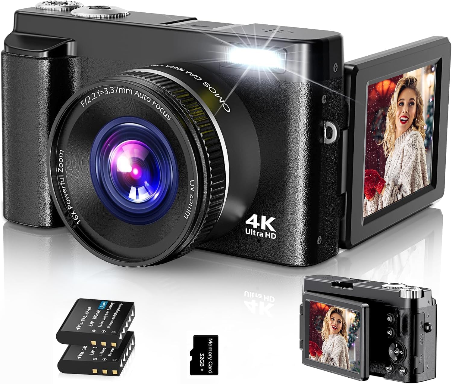 Digital Camera,4K 48MP Autofocus Compact Digital Camera with 32G Card 16X Digital Zoom,Vlogging Camera for Youtube with Anti-shake, Flash,3.0 inch 180° Flip Screen for Teens, Beginners,Adults