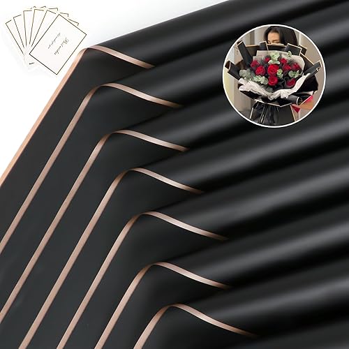 Miniatura 8 de 40 hojas de papel de regalo de flores con borde dorado con tarjetas, papel de regalo de ramo negro, papel de regalo floral hermético, suministros de