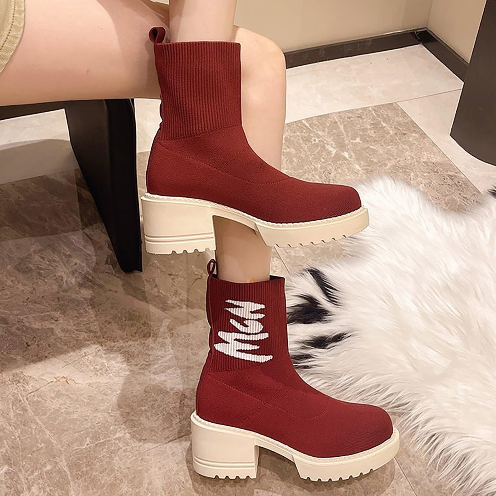 Stivali da donna con punta tonda eleganti con tacco | Stivali da equitazione Chelsea a media altezza, antiscivolo, in similpelle (beige, nero, rosso)