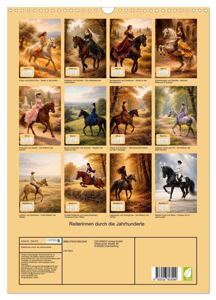 Reiterinnen durch die Jahrhunderte (Wandkalender 2027 DIN A3 hoch), CALVENDO Monatskalender: Eine Zeitreise durch weibliche Reitkultur und Mode (CALVENDO Kunst)