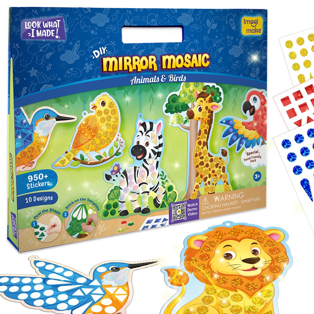 Imagimake Boys Vibrant And Iridescent Colors Mirror Mosaic - Animals & Birds | 10 Templates, 950+ Stickers | Diy Dot Art Set | Craft Kits For Ages 3-5 | Mess Free Kids Travel Activities | 3,4,5,6,7 Year Old Girl Birthday Gift