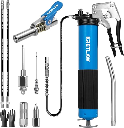 Grease Gun, 7000 PSI Heavy Duty Professional Pistol Grip Grease Gun Kit 14 OZ with Coupler, Double Grease Injector Needles, 18" & 2pc 12" Flex Hoses and Reinforced Glove