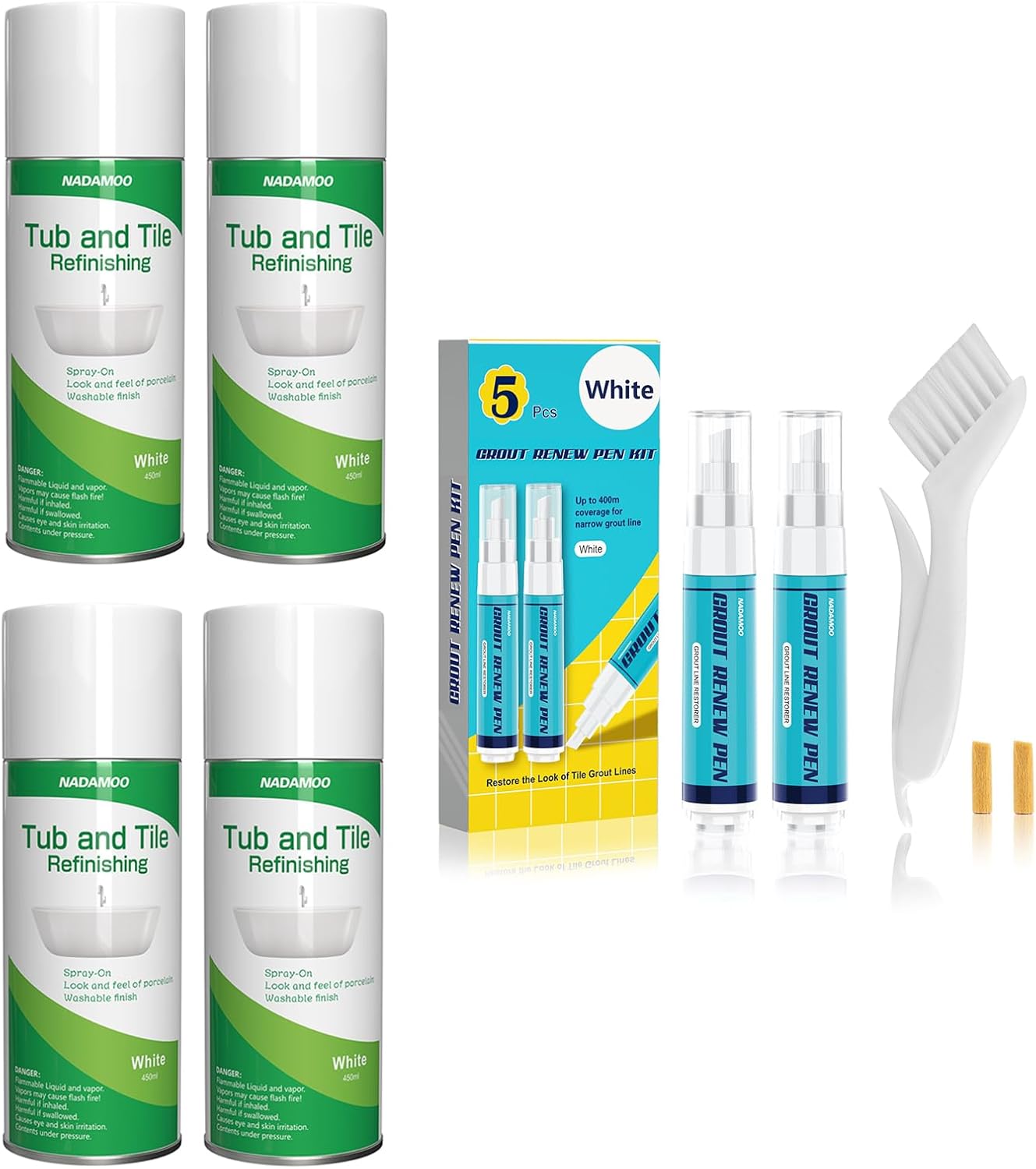 NADAMOO White Grout Renew Pen Kit & Tub and Tile Spray Paint White, 4 Cans