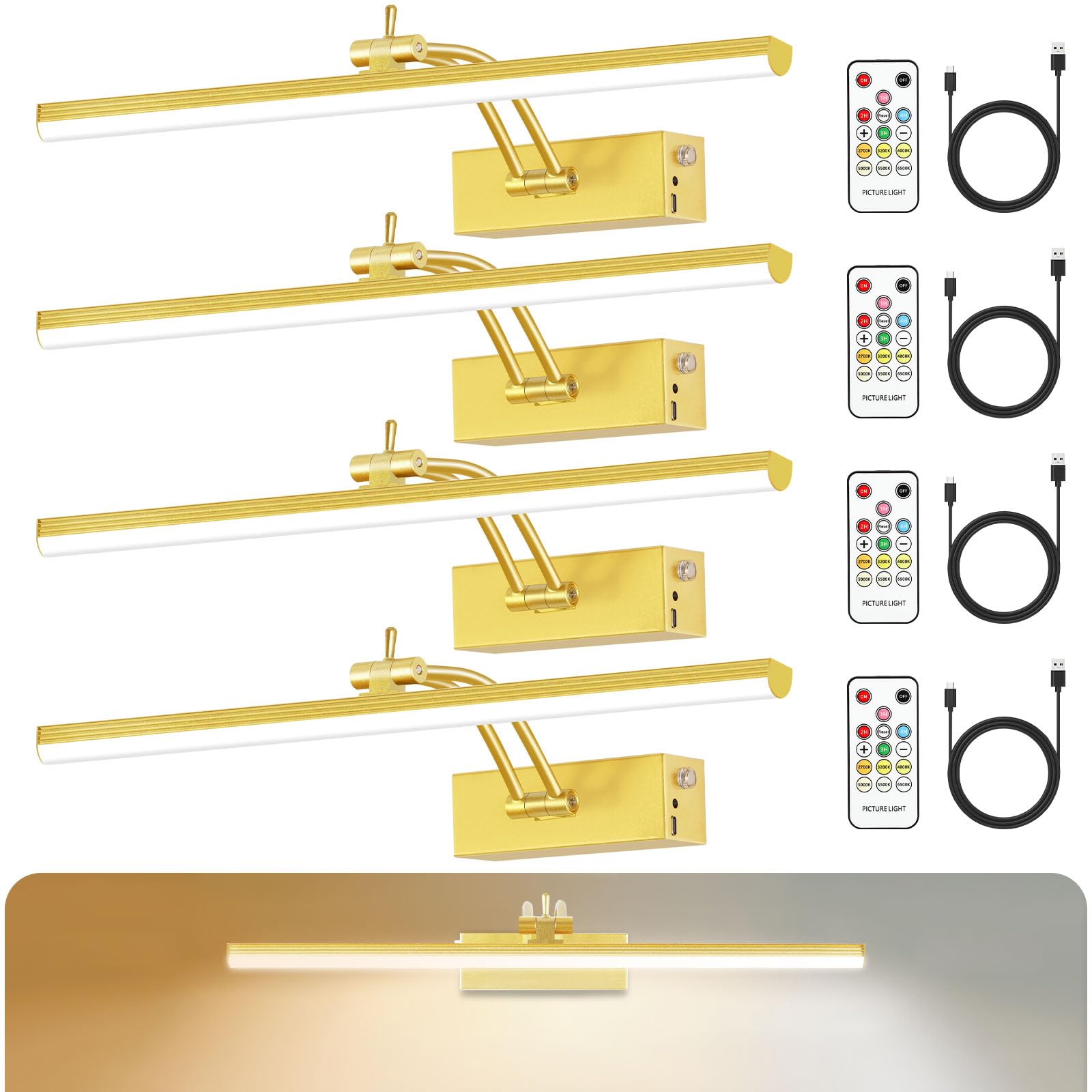 Luci per immagini da parete, 6 colori, 40,6 cm, a batteria, ricaricabili con timer remoto, luce artistica dimmerabile per pittura murale, cornice, galleria, confezione da 4 (oro)