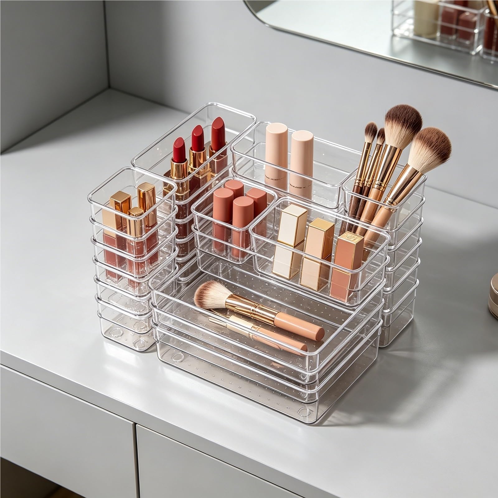 TYNGBT Clear Plastic Drawer Organizer Trays, 25-Piece Multi-Size Set for Makeup Kitchen Office