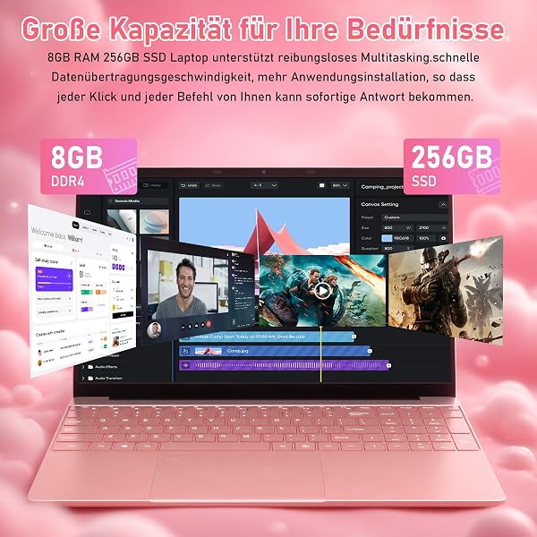 Laptop 15.6 Inch (FHD IPS Display), Notebook with Fingerprint and Illuminated Keyboard, Rose Gold, 8GB RAM, 256GB SSD - 4