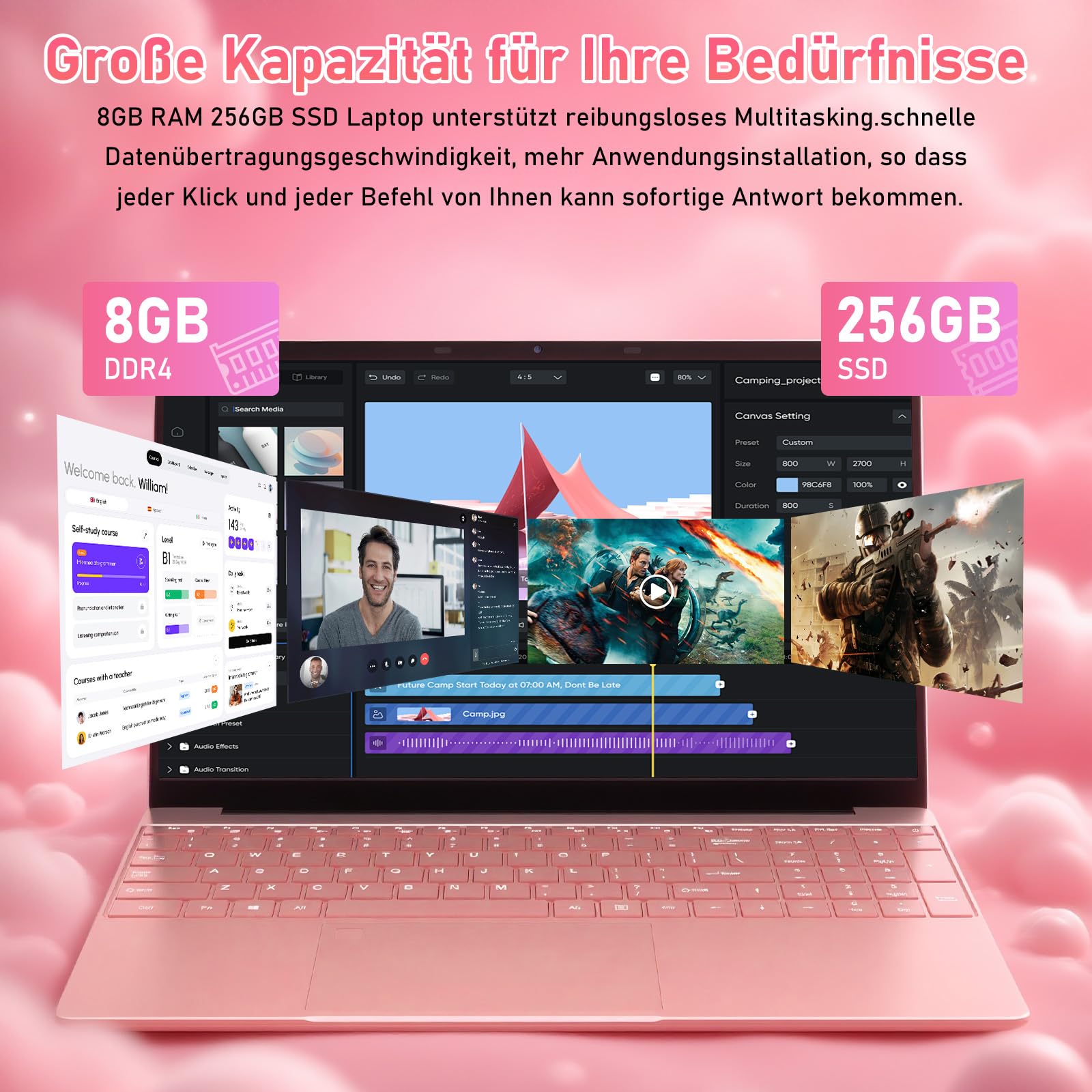 Notebook 15,6 Zoll FHD IPS in Roségold, schlankes Laptop für Office & Studium mit Fingerabdruck, beleuchteter Tastatur, 8GB DDR4 RAM, 256GB PCIe SSD, 5G WLAN, Bluetooth 4.2