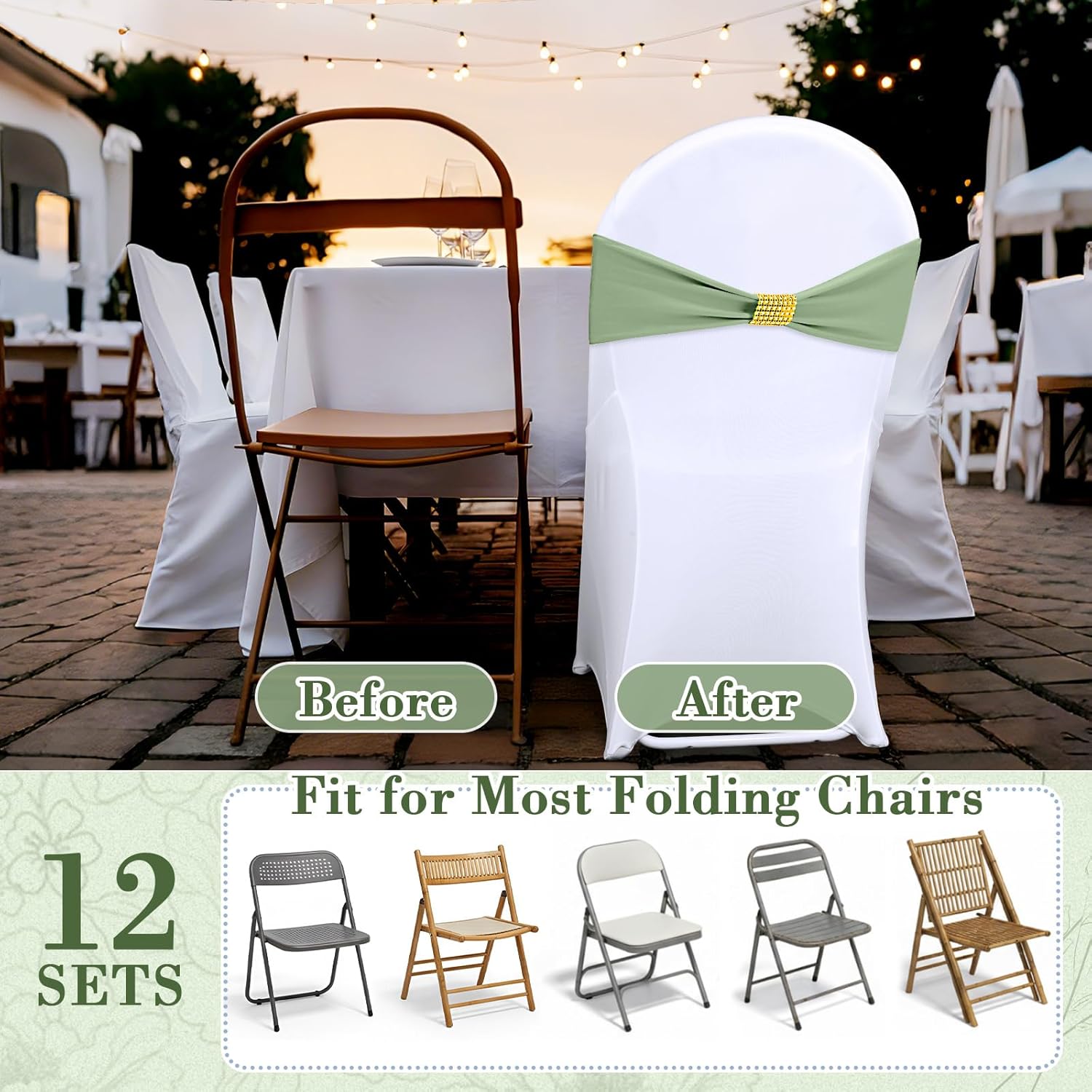 Moukeren 24 Pack White Folding Chair Cover Set with 12pcs Stretch Spandex Chair Slipcovers 12pcs Buckle Sashes Bow for Wedding Banquets Parties Events (Sage Green)