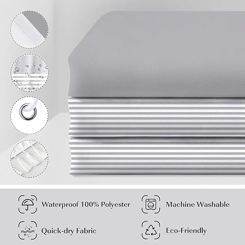 Miniatura 6 de Cortina de ducha gris Seasonwood Moderna de tela con borlas blancas, cortinas de ducha estilo casa de campo a rayas, impermeable, 72x72 pulgadas