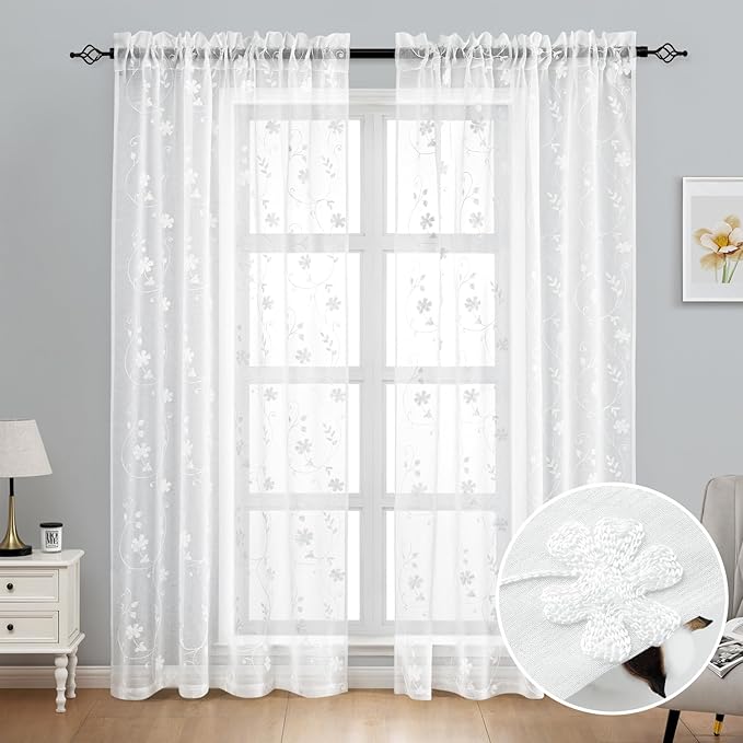 Amazon.com: HOMEIDEAS White Sheer Curtains 96 Inches Long 2 Panels ...
