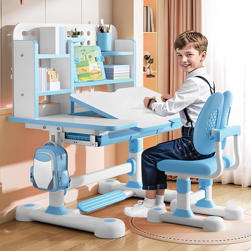 Kids Study Desk And Chair Set, Height Adjustable Children's Study Desk And Chair Set Toddler Learning Table and Stool Set with Bookshelf Storage Drawer 50-Degree Tiltable Desktop for Bedroom Blue
