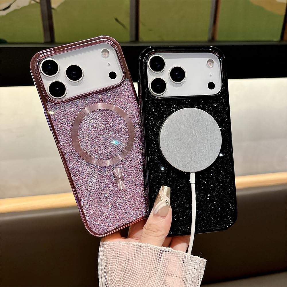 for iPhone Case,Luxury ElectroPlated Frame Glitter Sparkle Sparkly Rhinestone [Compatible with MagSafe] Soft Shockproof Phone Case (iPhone 17 Pro Max,Grey) image 2