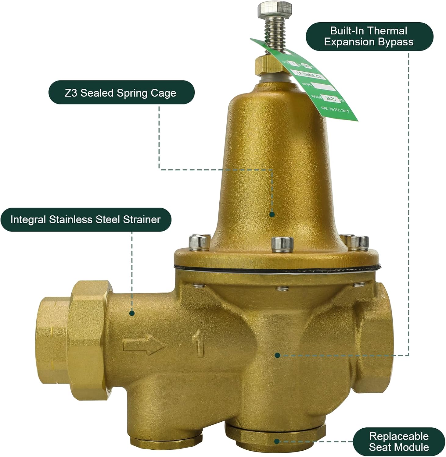 LF25AUB-Z3 Water Pressure Reducing Valve 1 Inch NPT Female Union + NPT Female, Polymer Seat, Adjustable 25-75 PSI