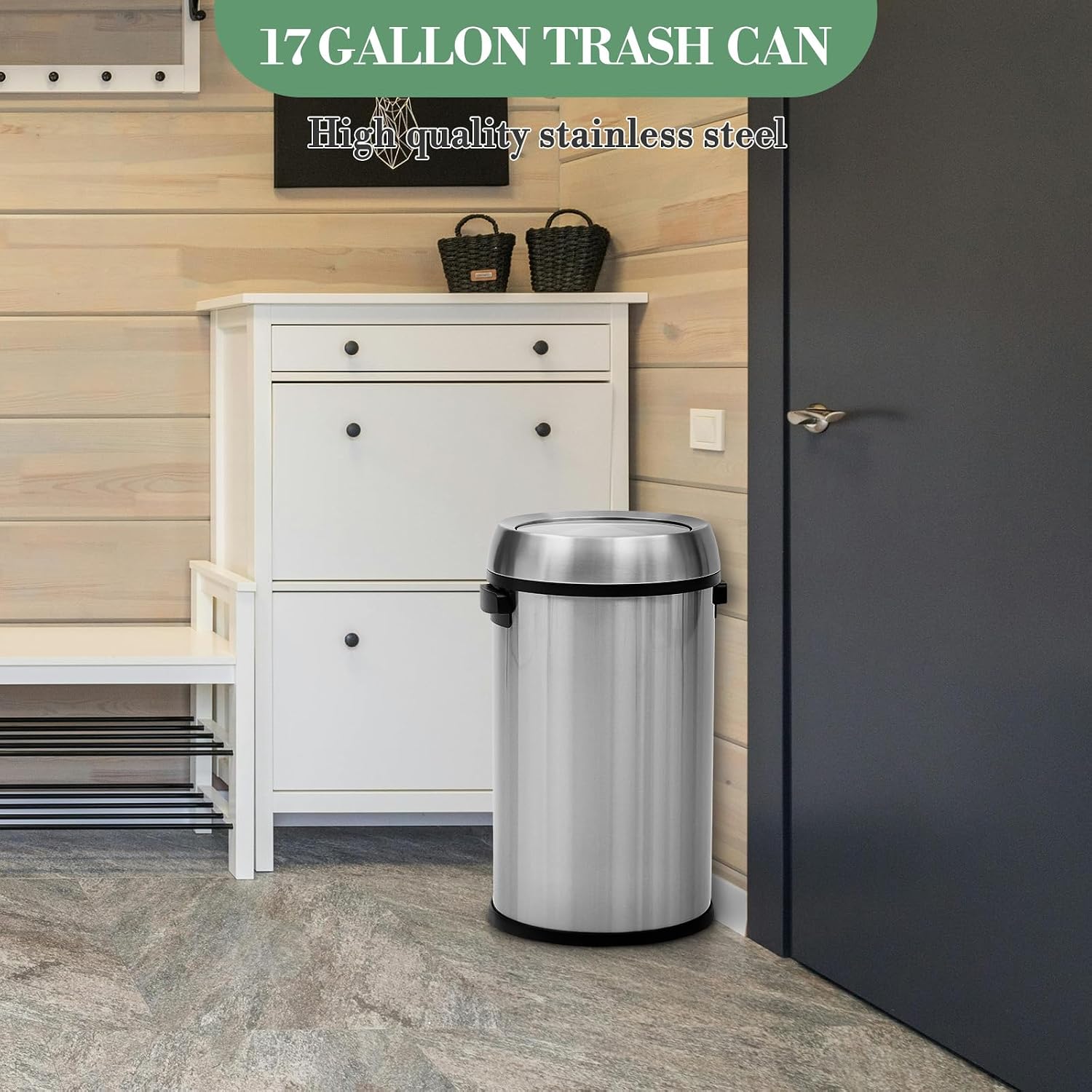 TrailBlaze 17 Gallon/65 Liter Trash Can, Swing Top Waste Bin, Fingerprint-Proof Stainless Steel Garbage Can, Round Trash Bin for Restaurant, Home, Office - Silver