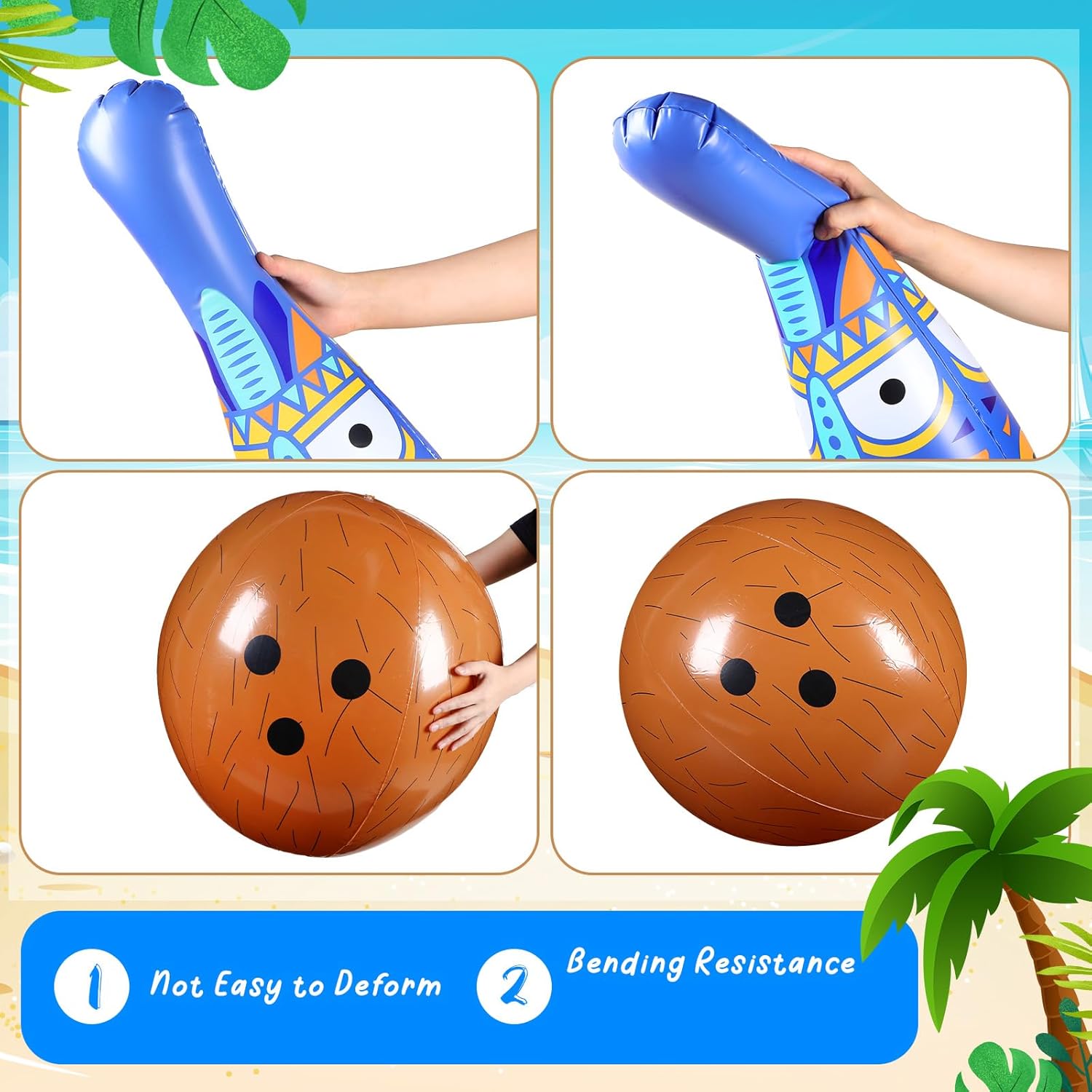 12 Pcs Bowling Set, 10 Soft Pins and 2 Cocout Balls for Kids Toddlers Tropical Hawaiian Luau Summer Birthday Party Games Indoor Outdoor Activities (Tiki)