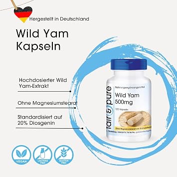 Wild Yam 500mg contains wild yam root extract standardised to 20% diosgenin vegan without magnesium stearate 120 wild yam capsules