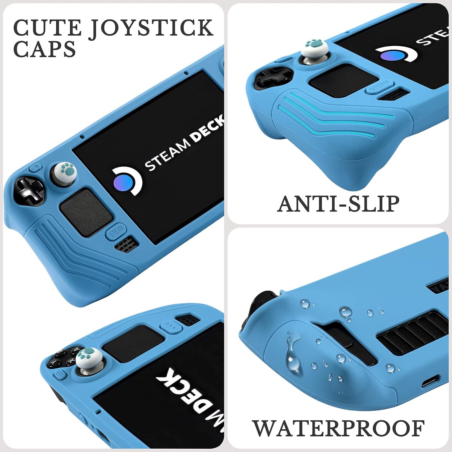 Protective Case for Steam Deck, All-Round Silicone Cover with Tempered Film and Non-Slip Thumb Grips, Anti Scratch Steam Deck Protector - Blue