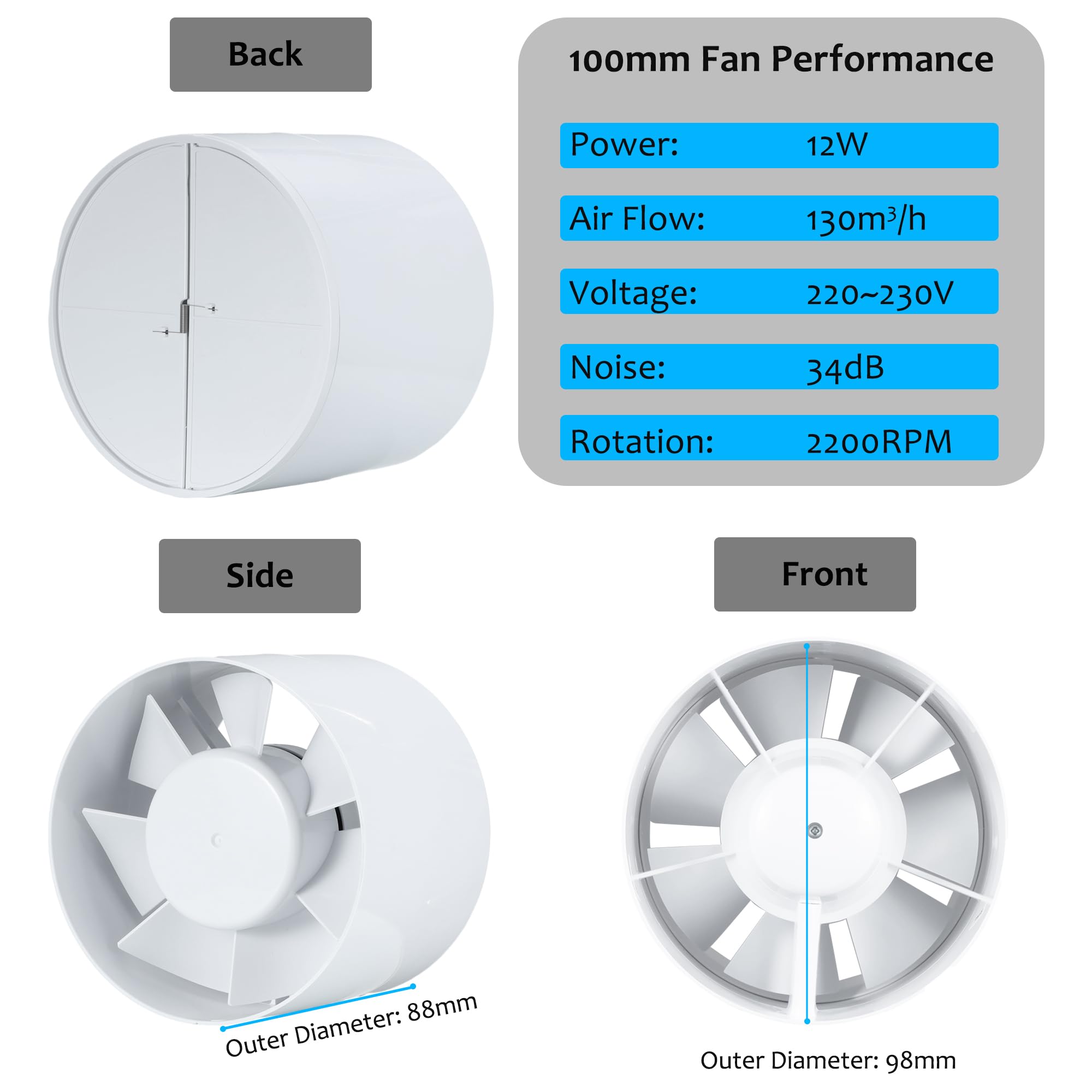 Ventilador, ventilador de conducto en línea con cable de alimentación UE para tuberías, ventilación doméstica (100 mm 130 m³/h)
