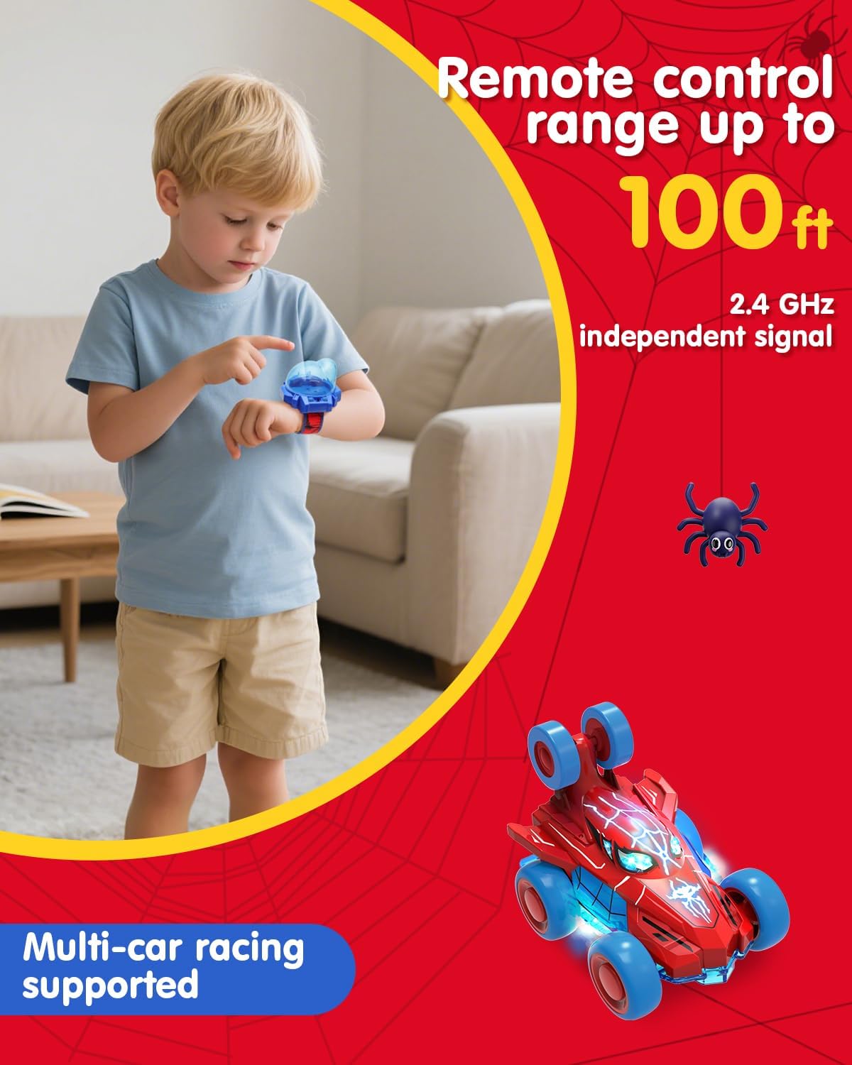 Spider Toy for Boys, Remote Control Watch Toy for Kids, Mini RC Car with LED Light and Wrist Strap for Indoor and Outdoor Play, Birthday for Toddlers