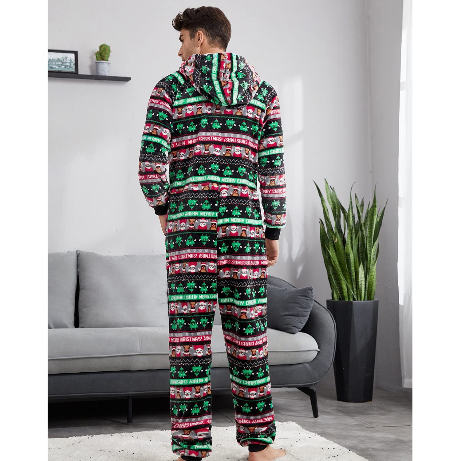 Pijama Navidad Una Pieza Hombre Franela Pijamas Mono Entero con Capucha Manga Larga Invierno Calentito Jumpsuit Adulto Onesie Ropa de Casa Dormir Negro Verde Rojo S