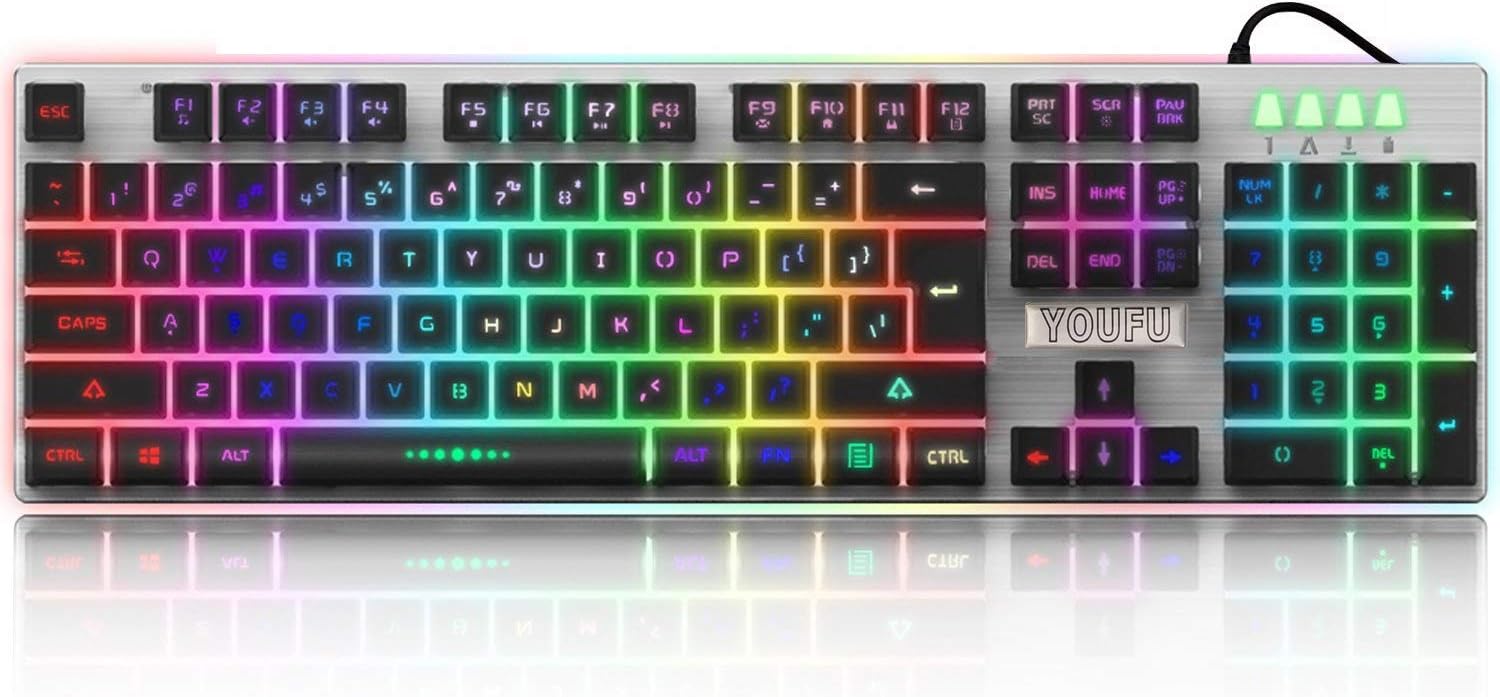 Backlit LED Wired Gaming Keyboard, Mechanical Feeling USB Keyboard with Backlight Rainbow RGB Multicolor Water-Resistant Adjustable Illuminated Computer Keyboard for PC Games Office (K2 Black)