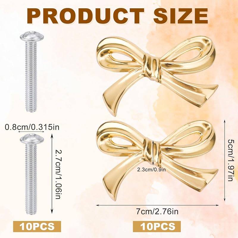 Gosknor set 10 mânere decorative pentru mobilier, model fundiță, stil vintage auriu, pentru comode, sertare, uși și dulapuri de bucătărie