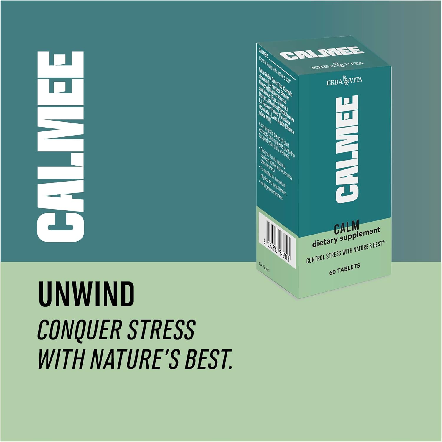 Erba Vita Calmee Unwind GABA Supplement 60 Tablets - Dietary Supplement with Rhodiola Rosea to Support a Balanced Lifestyle and Promote a Calm Demeanor - Image 4