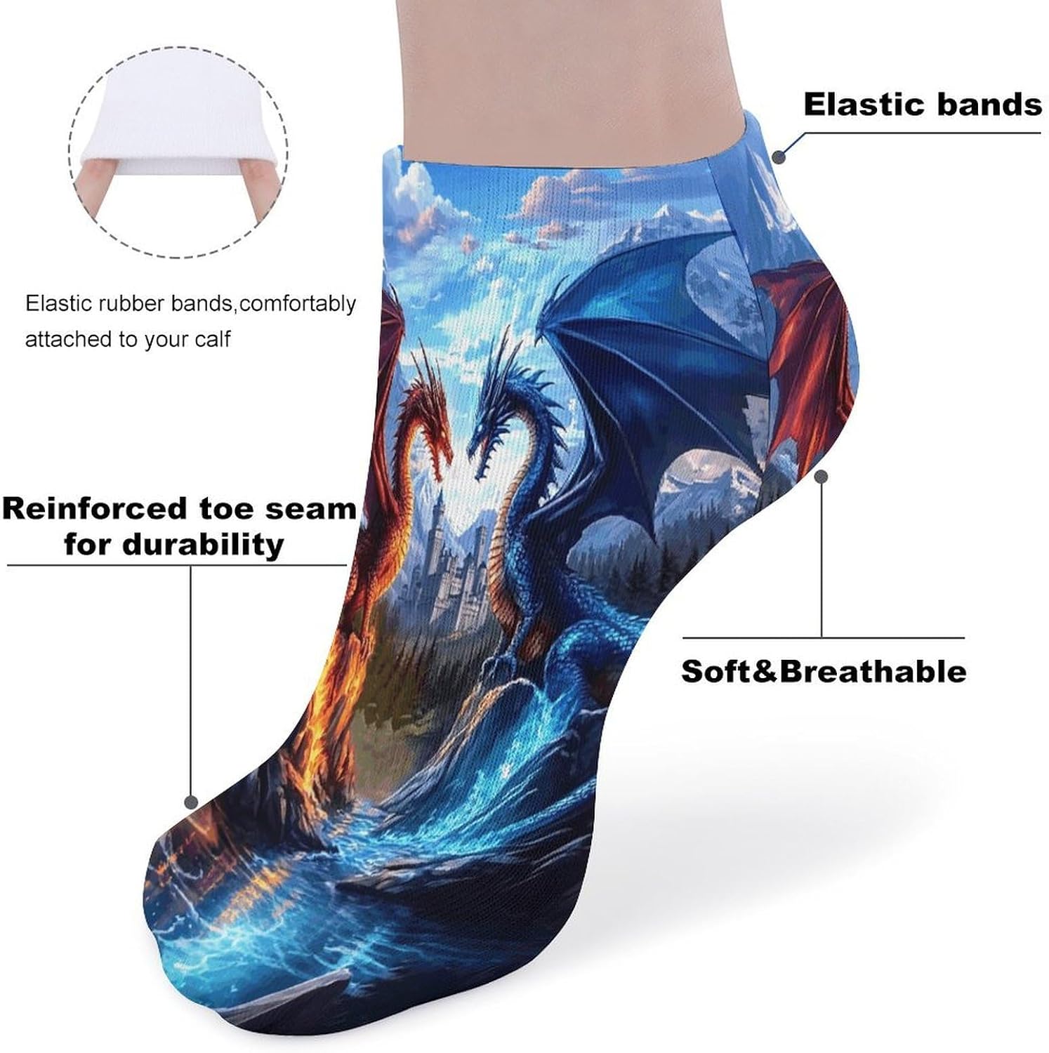 Water Fire Dragon Castle 5Pairs Low Cut Ankle Socks for Women No Show Casual Breathable Athletic Socks for Sport