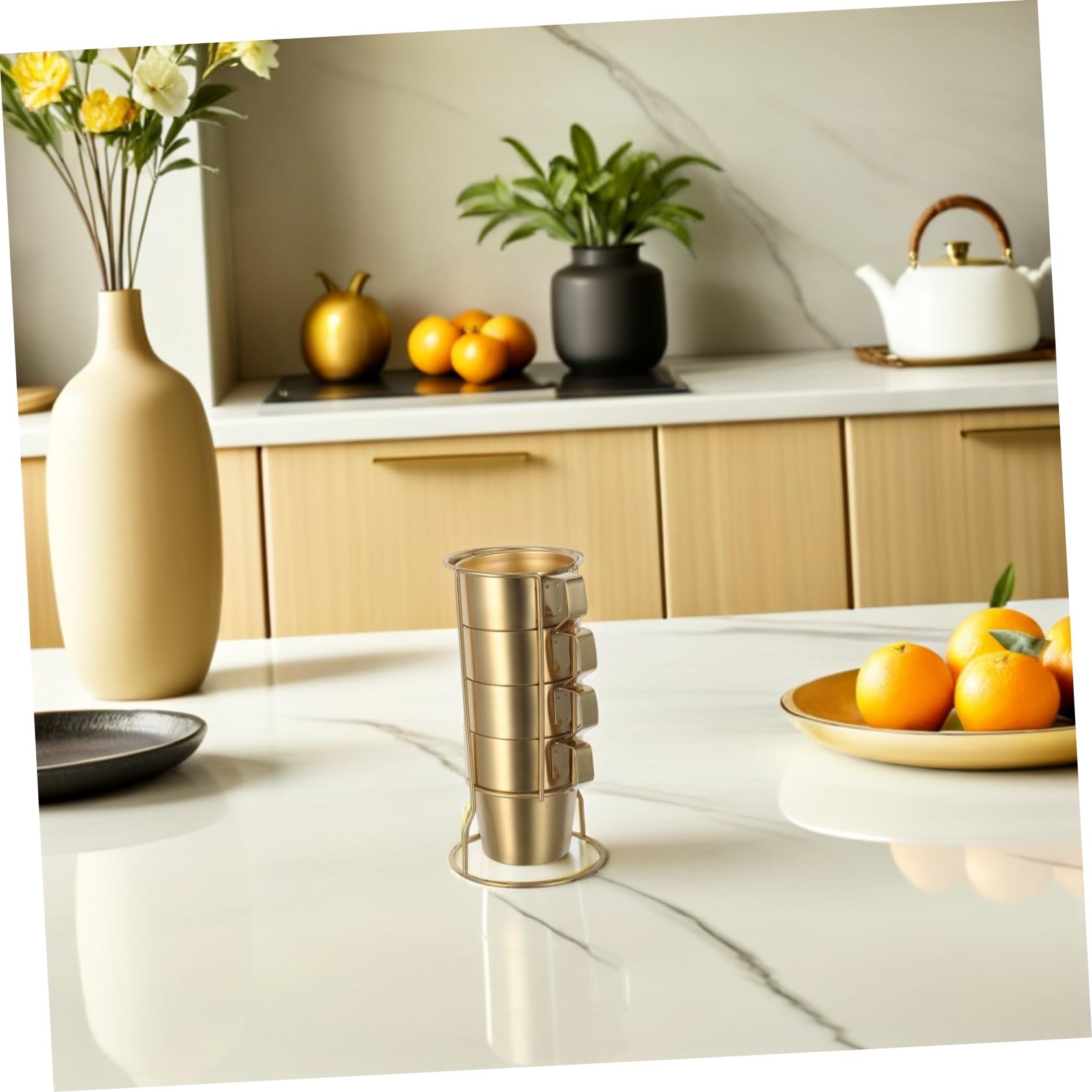 NUOBESTY Juego de Tazas de Acero Inoxidable 300ml con Asa, Doble Pared | Apilables con Rejilla, Color Dorado, para Camping y Aventuras al Aire Libre, Aptas para Bebidas