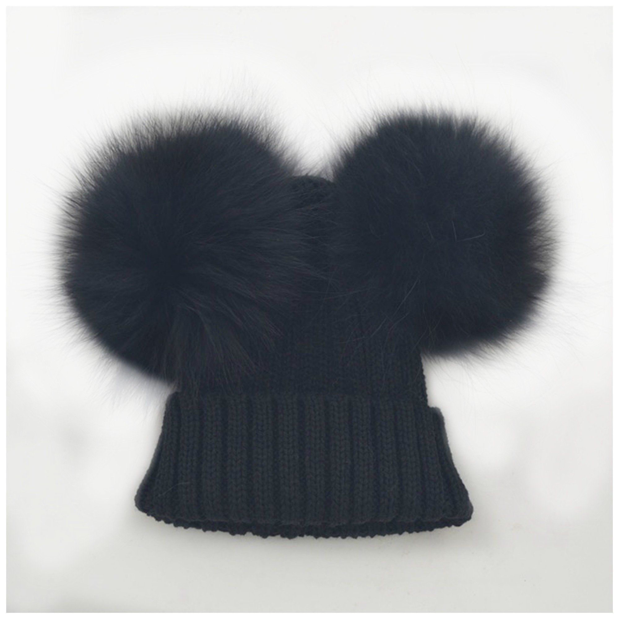 Cappello Bambina Pelliccia Doppio PON PON Nero Cappellino Cuffia Baby Luxury 2-4 Anni