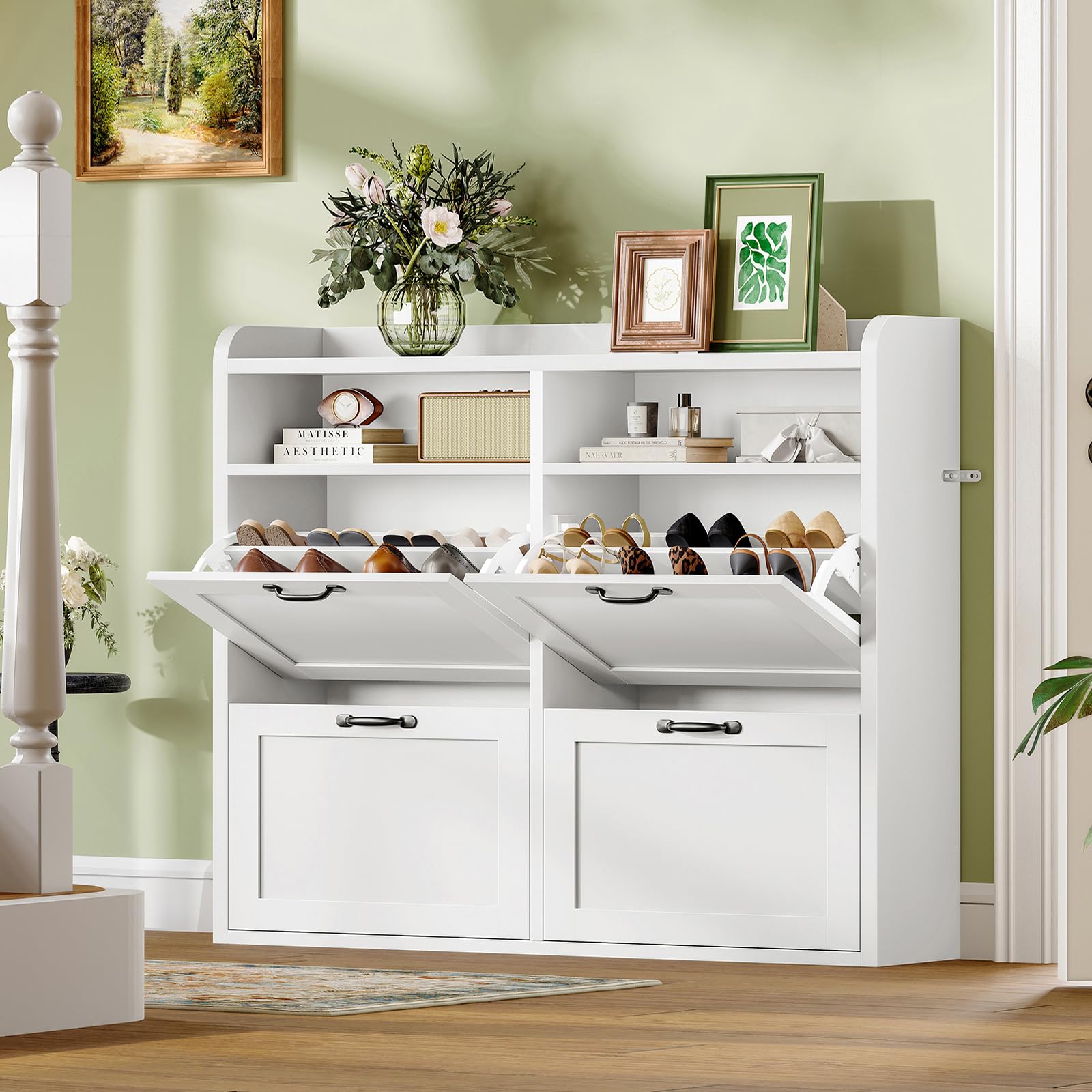 TEENFON Mueble Zapatero Recibidor Estrecho–105cm de Ancho, Armario Zapatero con 4 Solapas y 2Compartimentos Abiertos, Estantes Ajustables, para16–24Pares de Zapatos, Apto para Pasillo,Recibidor,Blanco